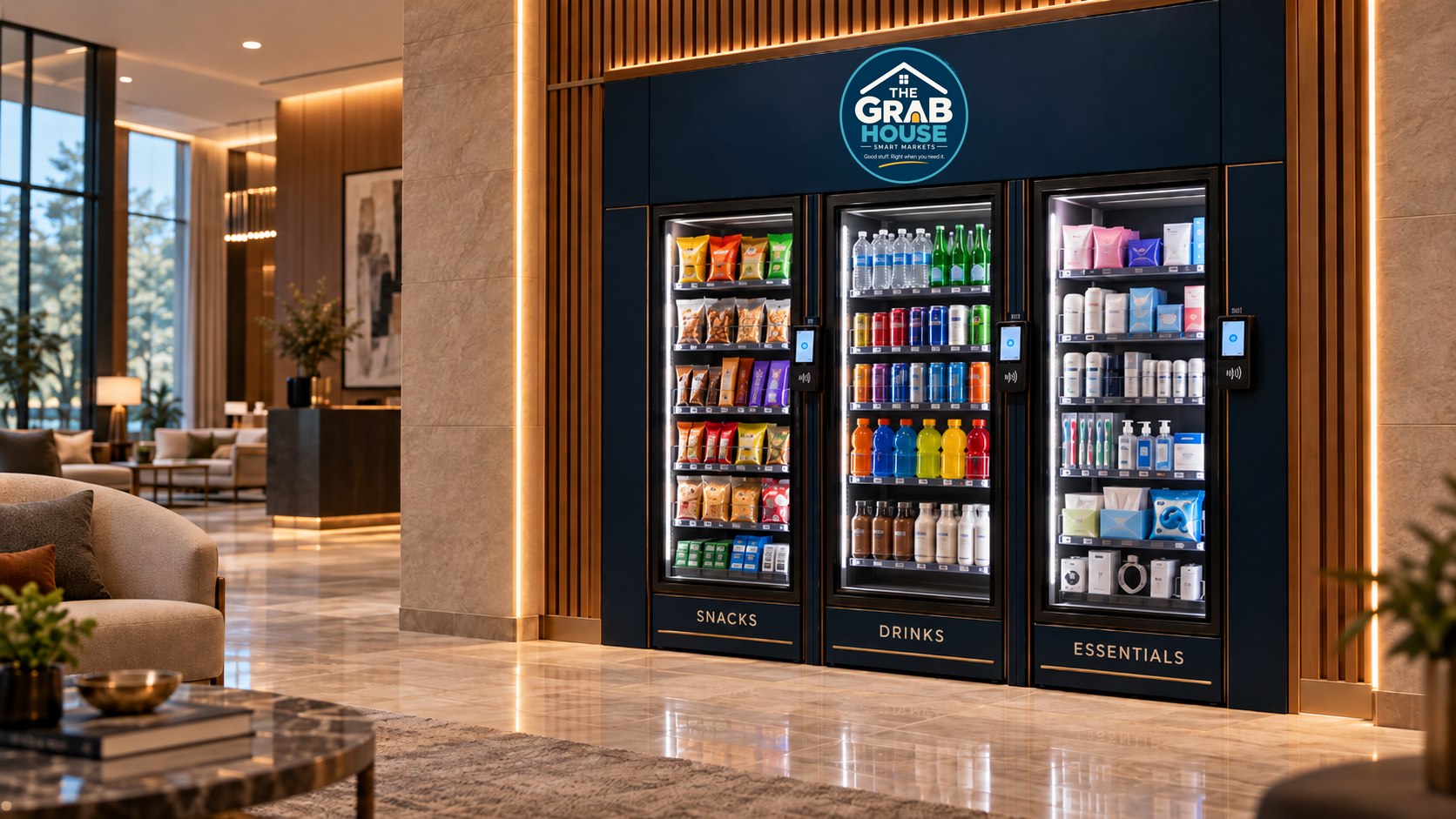 Concept rendering of a Grab House smart market built into a wall of a luxury apartment community lobby: three glass-front units in navy cabinetry labeled Snacks, Drinks, and Essentials, each with a touchscreen payment reader, under the Grab House logo.