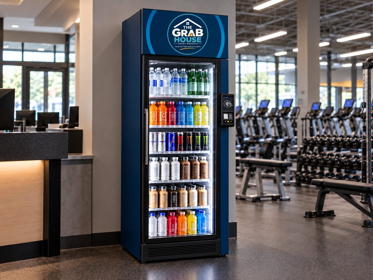 Concept rendering of a single-door Grab House smart market beside the front desk of a fitness center, stocked with water, sports drinks, energy drinks, and protein shakes, with workout equipment behind it.