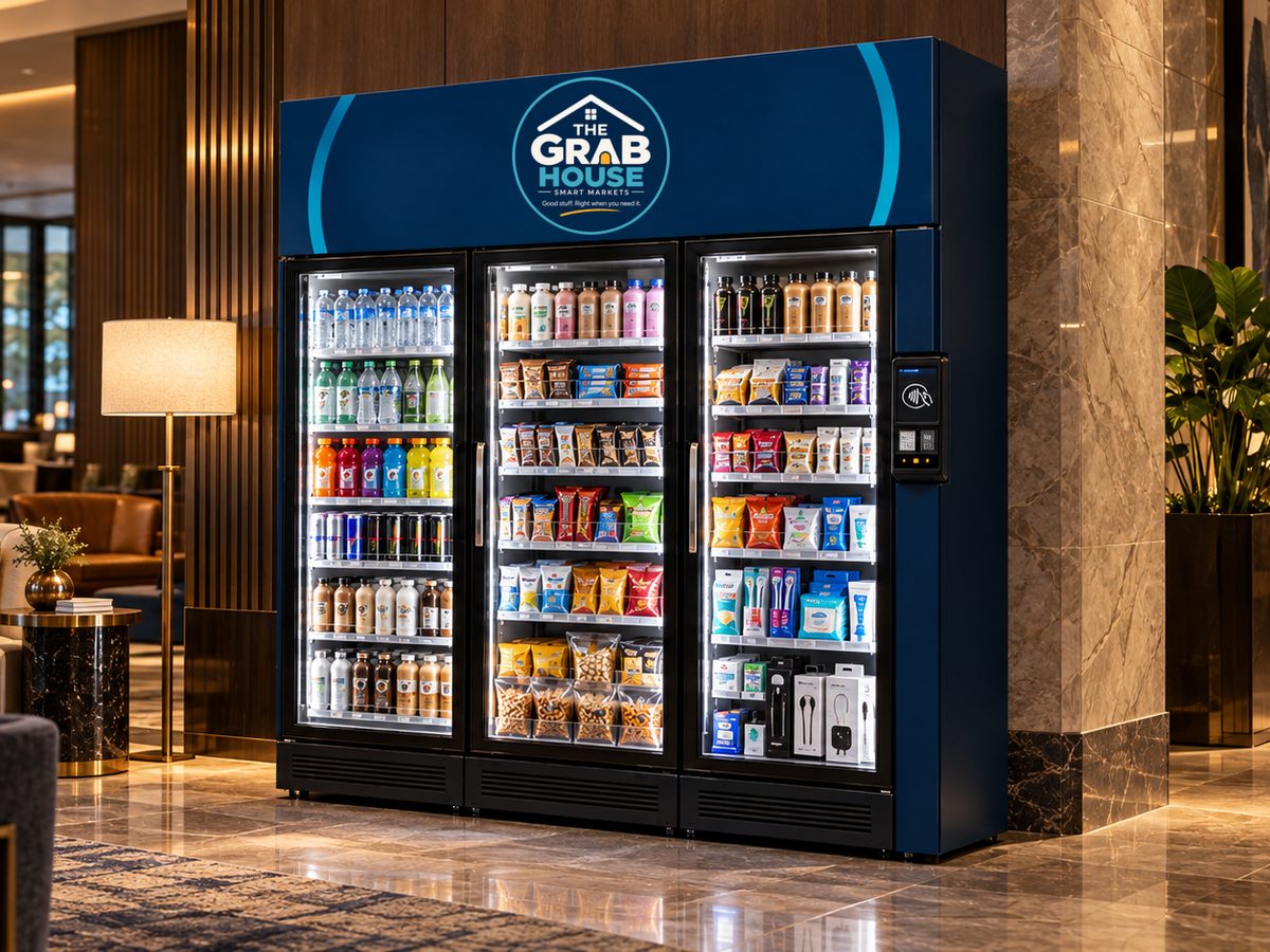 Concept rendering of a three-door Grab House smart market in a luxury boutique hotel lobby with marble walls and warm lighting, stocked with drinks, snacks, and essentials, with a touchscreen payment reader.