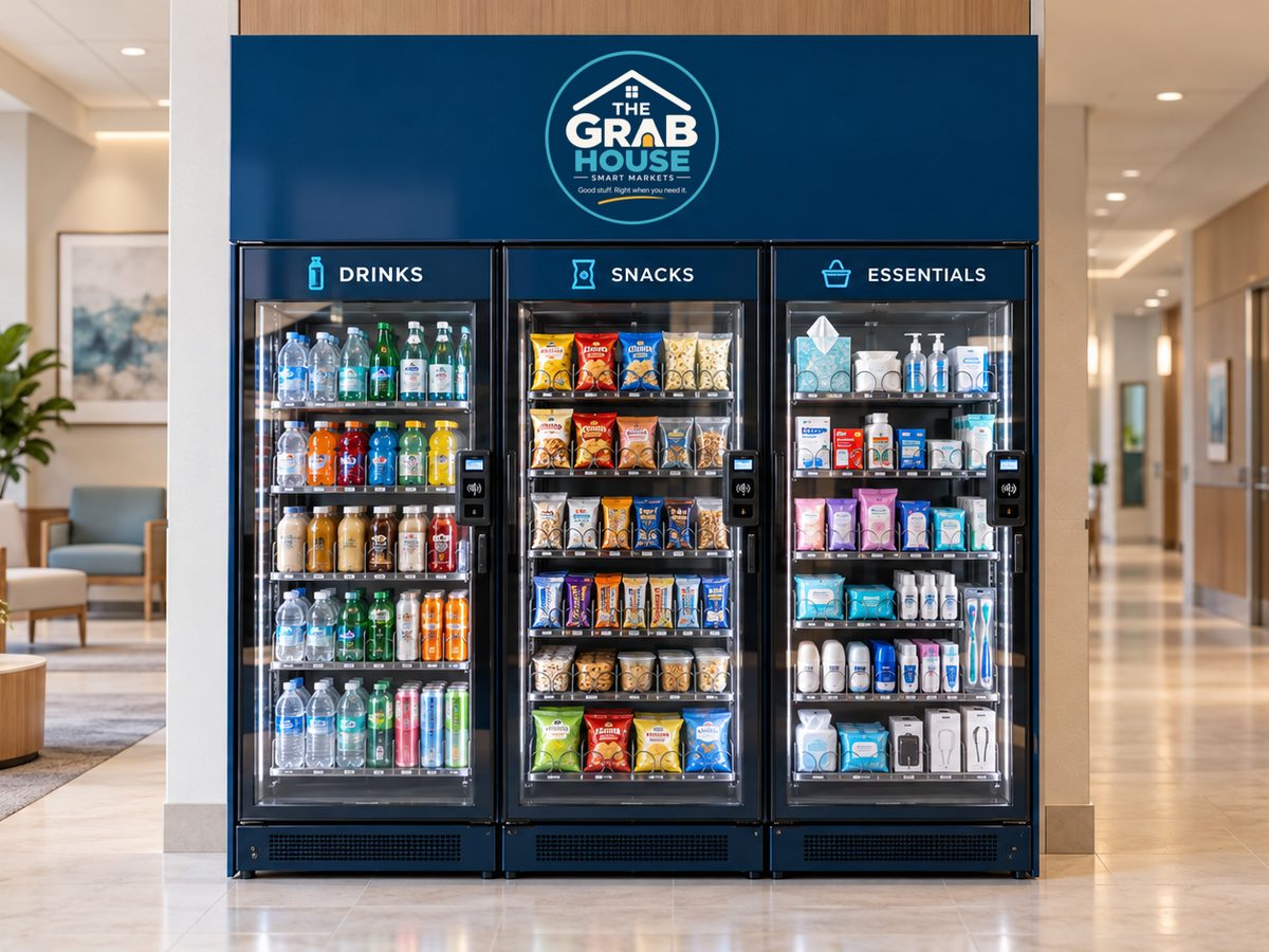 Concept rendering of a three-unit Grab House smart market in a bright medical facility lobby, with Drinks, Snacks, and Essentials doors under a navy panel carrying the Grab House logo, beside the waiting area and reception desk.