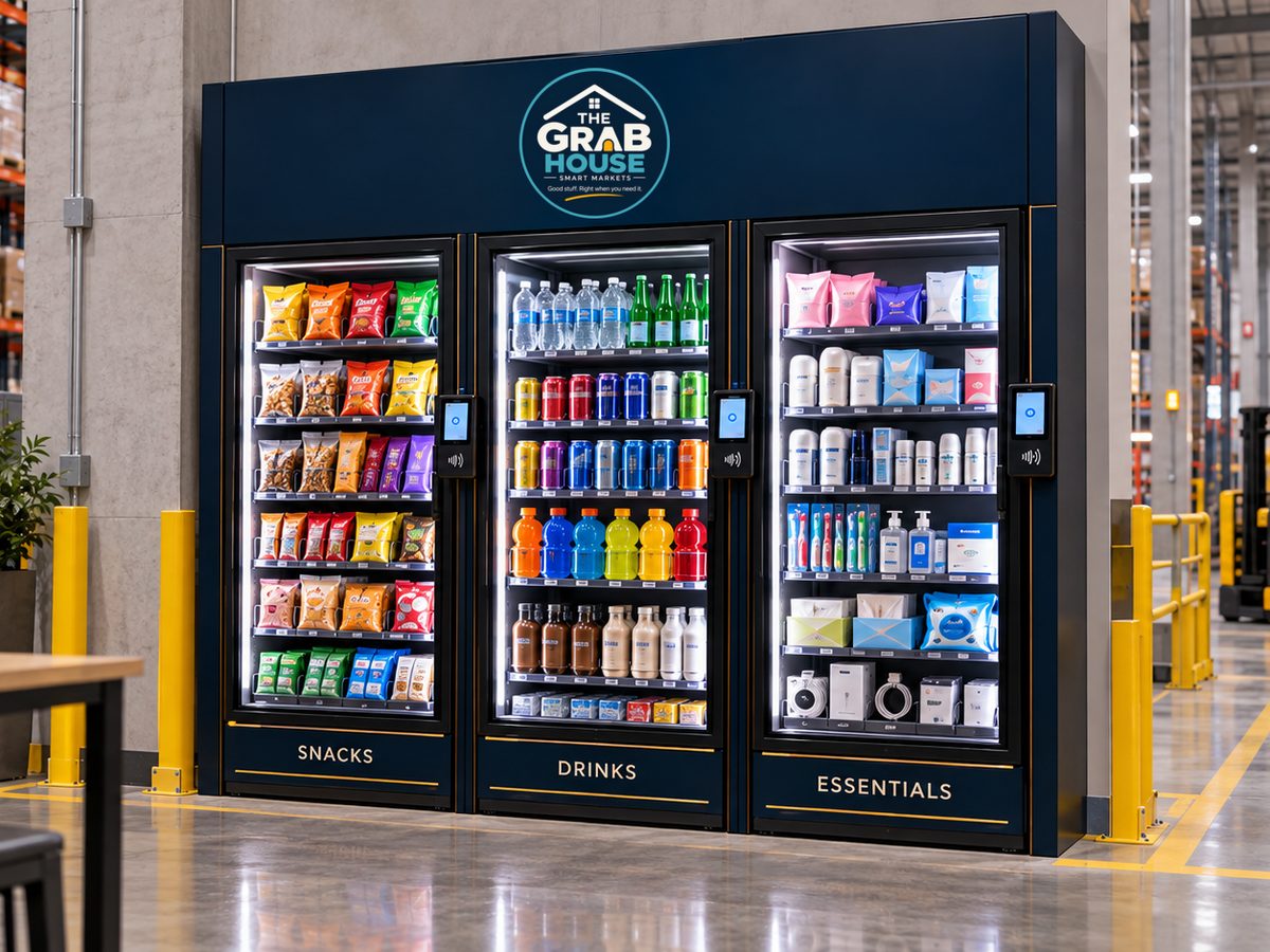 Concept rendering of a three-unit Grab House smart market in a warehouse and distribution facility break area, set between lockers and yellow safety railings, stocked with snacks, drinks, and essentials.